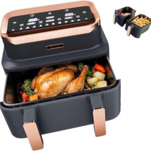 ELLE Dual Air Fryer Triple Air Fryer in Grey with Rose Gold, 10-in-1 Cooking Methods, Oil Free Cooking, Non-Stick & Dishwasher Safe, Smart & Match Cook (Triple Basket)