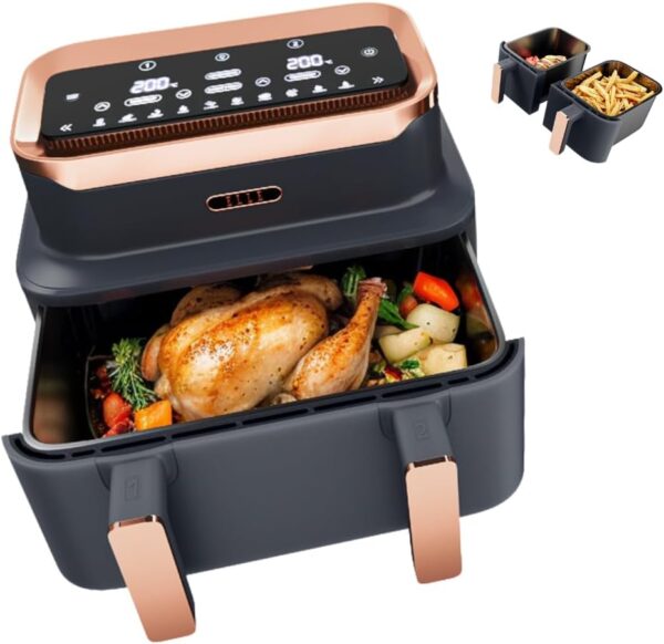 ELLE Dual Air Fryer Triple Air Fryer in Grey with Rose Gold, 10-in-1 Cooking Methods, Oil Free Cooking, Non-Stick & Dishwasher Safe, Smart & Match Cook (Triple Basket)