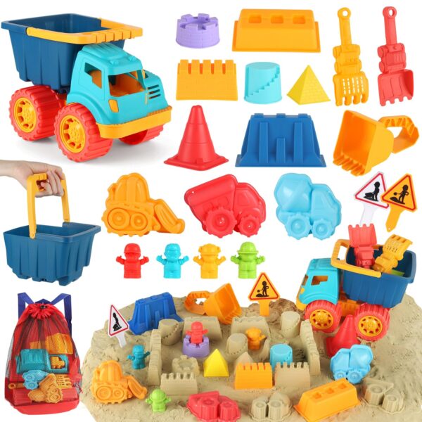 Elovien Beach Sand Toys, 21Pcs Sandpit Toys Included Large Dump Truck with Bucket, Spade, Mesh Backpack Bag, Sand Molds, Summer Outdoor Construction Toys for Kids Toddlers Boys...