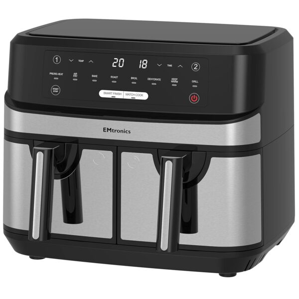EMtronics EMAFDD9LSL Dual Air Fryer Extra Large Family Size Double XL 9 Litre with 8 Pre-Set Menus for Oil Free & Low Fat Healthy Cooking, Easy Clean Metal Interior, 99-Minute...