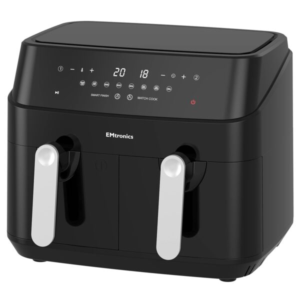 EMtronics EMDAF9LD Dual Air Fryer Extra Large Family Size Double XL 9 Litre Digital with 12 Pre-Set Menus for Oil Free & Low Fat Healthy Cooking, 60-Minute Timer - Black