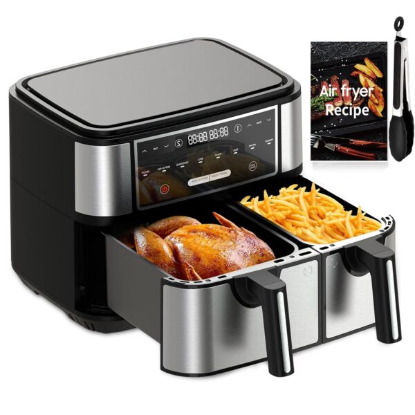 EUARY 4L+6L Dual Baskets Air Fryers for Family,8-In-1 Compact Oven with Smart Finish,Oil Free Double Zone Air Fryer with Cookbook,Timer & Temperature Control,Nonstick 2600w