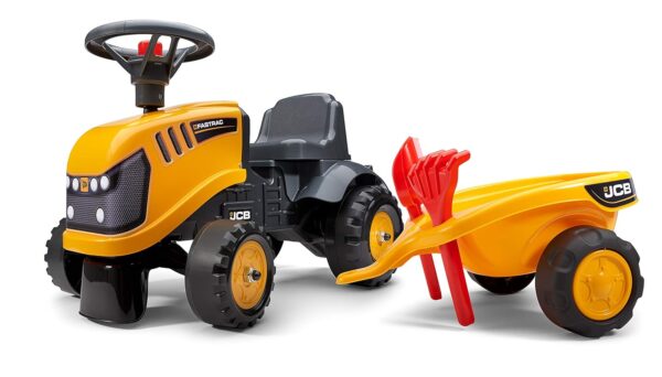 Falk Baby JCB ride-on tractor with trailer, rake & shovel - outdoor ride on tractor for kids ages 12 months +