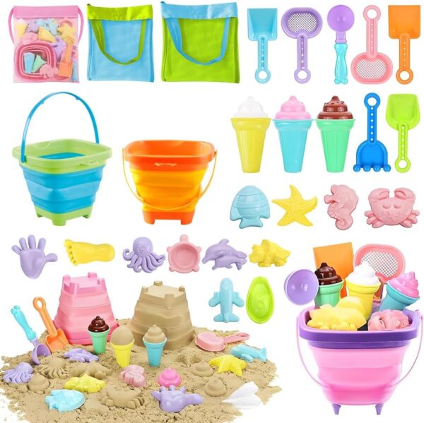 FENYW Beach Sand Toys for Kids, 28PCS Beach Toys Set with Collapsible Bucket and Spade, Sand Pit Toys with Ice Cream & Sea Animals Molds, 2 Sand Shovels Mesh Bag, Play Sand Toy...