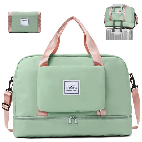 FIORETTO Foldable Weekend Bag Overnight Hospital Bag with Shoes Compartment & Wet Pocket, Water Resistant Gym Duffle Bag for Travel Holdall for Women Men Green&Pink