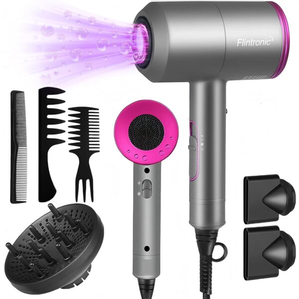 Flintronic 2000W Powerful Ionic Dryer, Hair Dryer with Diffuser & Concentrator, 2 Speed 3 Heat Settings, Fast Dry for Multi Women Man Hairstyles (3 Nozzles&3 Comb Included)