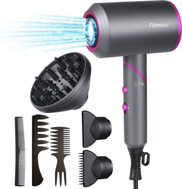 Flintronic Professional Ionic Hair Dryer, 2000W Powerful AC Motor Fast Drying Ionic Hair Dryer with 2 Speed 3 Heat Setting, Cool Shot Button with 1 Diffuser & 2 Concentrator,...