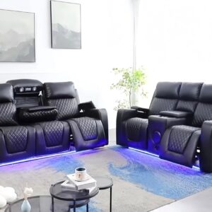Florida Leather Electric Recliner Sofa Set with Cupholders, LED Lights, Wireless Charging, Bluetooth Speakers, and USB Ports – 3+2 Seater (Black)