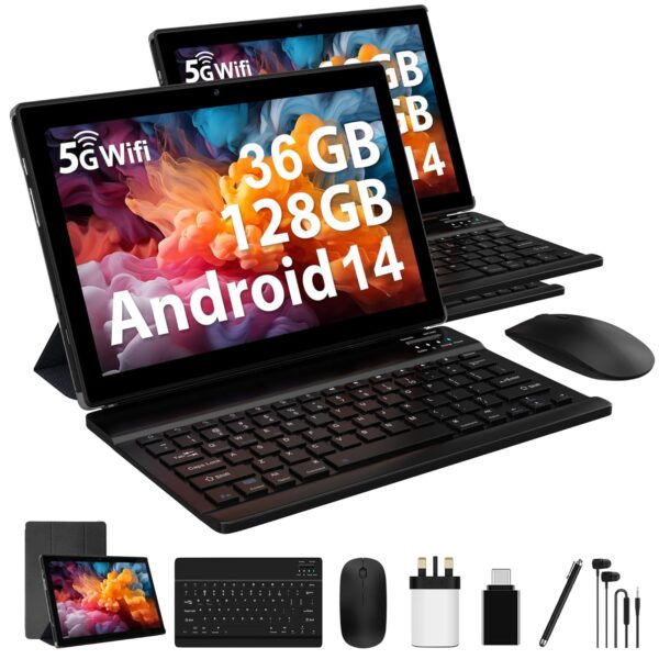 FLYCOAY Android 14 Tablet 10 Inch 5G WIFI 6, 36GB RAM+128GB ROM (TF 1TB),8000mAh,Dual Camera, BT5.0 /Type C/OTG/Tablet with Keyboard and Mouse(Black)