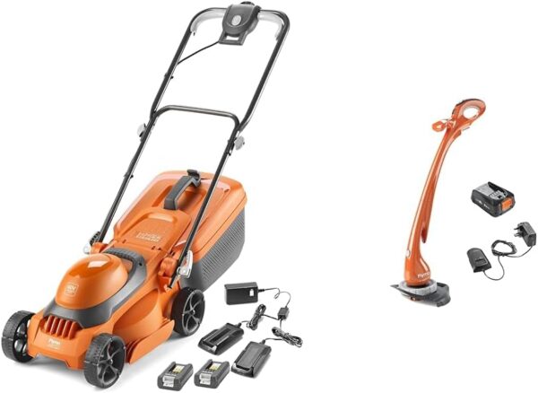 Flymo SimpliStore 300 Li Cordless Lawn Mower - 40V, 30cm Cutting Width, Close Edge & EasiTrim 250 2-in-1 Cordless Grass Trimmer KIT - 18V 2.0 POWER FOR ALL Battery and Charger...
