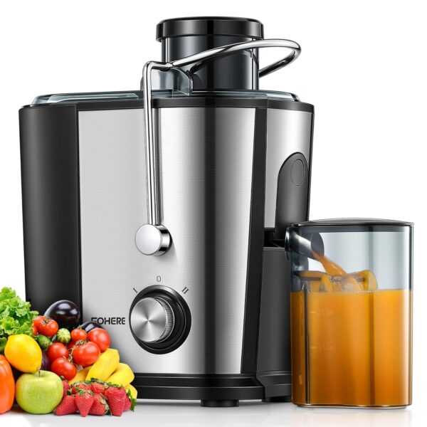 FOHERE Juicer Machines 600W, 3" Wide Mouth Juicers Whole Fruit and Vegetable, Fruit Juicer Machine with Anti-Drip Spout, 2 Speeds, Stainless Steel, Easy to Clean, BPA-Free