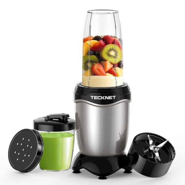 Food Blender, TECKNET 600W High Speed Blender with 2 Portable Travel Cups, Multi-Function Blender for Shakes, Smoothies, Juices, and Nut Butter - Stainless Steel Blades, Easy Clean