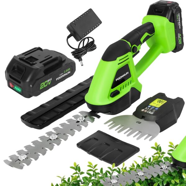 FOONNUN 20V Cordless Grass Shear & Hedge Trimmer, 2 in 1 Handheld Electric Shrub Trimmer with 2000mAh Battery, Garden Shears for Hedges, Grass, Lawn and Pruning, Rechargeable...