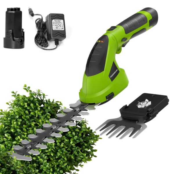FOONNUN 7.2V Cordless Hedge Trimmer & Grass Shear, 2 IN 1 Hand Held Hedge Trimmer with 2000mAh Battery, 2 Interchangeable Blades for Gardening, Cutting, Trimming