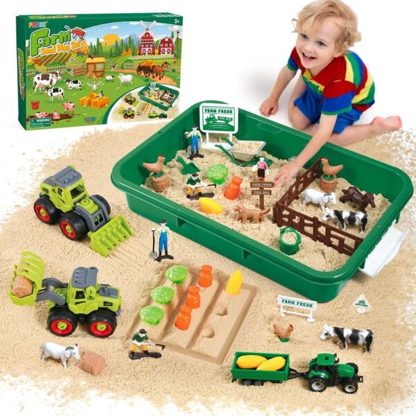 FRUSE Play Sand Farm Animal Toys,Sand Box Toys Set for Toddlers w/1 KG Play Sensory Sand, Farm Toy Figures and Tractor Truck Playset,Sensory Sandbox with Cover for Boy Girl Kid...