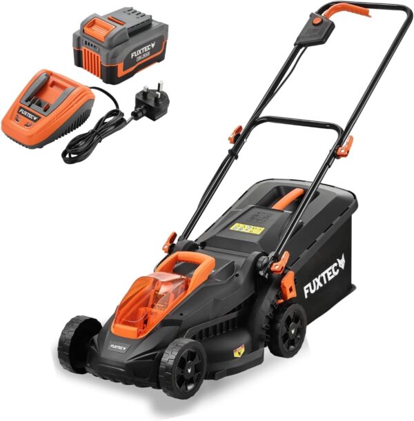 FUXTEC Cordless Lawn Mower FX-LM2030SET-UK – 20V Battery Mower 33cm Cutting Width – Incl. Battery and Charger – Lightweight 9.3kg – Height Adjustment 25-65mm – Battery Protection