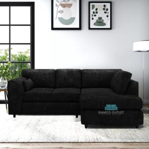 Gamzo Outlet Modern Prime Quality Sleek Right Hand Corner Full Back Colourful Alaska Fabric Sofa Robust Frame Cosy Home Fixture for Spacious Present-day Living Room (Colour- Black)