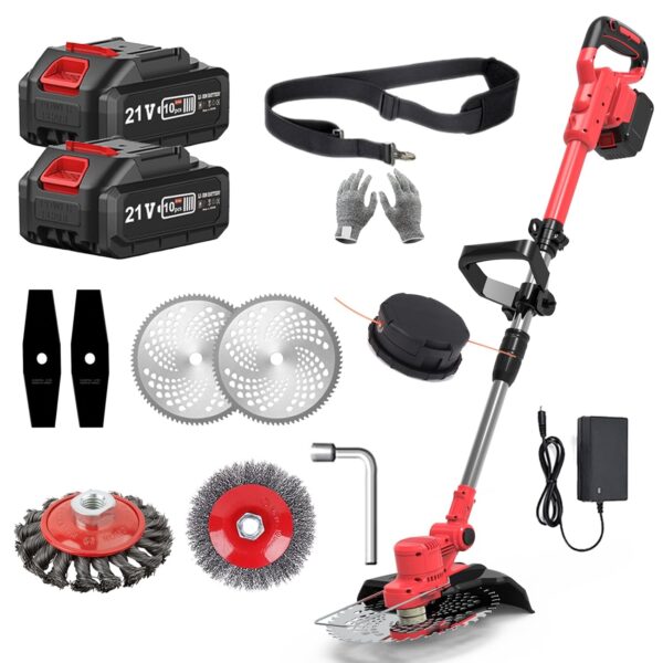Garden Strimmer Cordless Grass Trimmer with Battery and Charger Electric Edger Battery Powered Lawn Mower Weed Brush Cutter Kit Lawn Mower Weed Brush Cutter Kit (red)