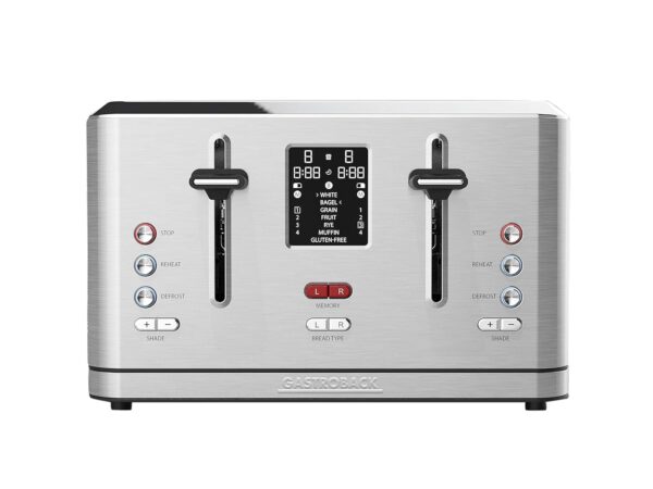 Gastroback Design Digital 4 Slice Toaster, 7 Degrees browning Levels, Stainless Steel, 1900W, Easy to Clean, LCD Display,Extra – Wide Toast Slots, Defrost functions – 62396, Silver
