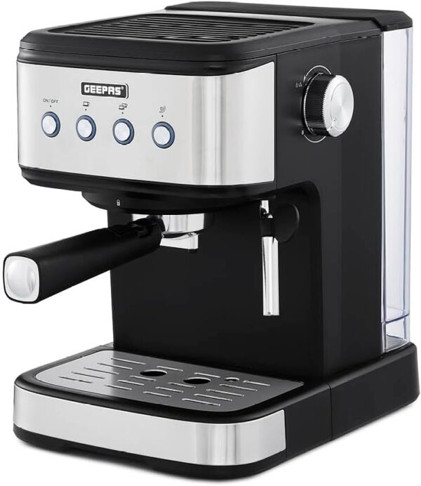 GEEPAS Espresso & Cappuccino Coffee Machine with Milk Frother, 20 Bar Pressure | 1.5L Water Tank Capacity, Stainless Steel Housing | 1100W, Silver, Ideal for Barista Quality...