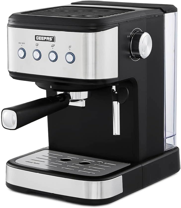 GEEPAS Espresso & Cappuccino Coffee Machine with Milk Frother, 20 Bar Pressure | 1.5L Water Tank Capacity, Stainless Steel Housing | 1100W, Silver, Ideal for Barista Quality...