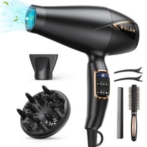 GLAM Hair Dryer 2300W Diffuser Hairdryer, Salon AC Pro Ionic Blow Dryer, Fast Drying, 3 Heat, 2 Speed Settings, Ceramic Frizz-Free, with Accessories Hairdryer for Women Man