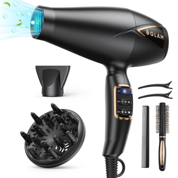 GLAM Hair Dryer 2300W Diffuser Hairdryer, Salon AC Pro Ionic Blow Dryer, Fast Drying, 3 Heat, 2 Speed Settings, Ceramic Frizz-Free, with Accessories Hairdryer for Women Man