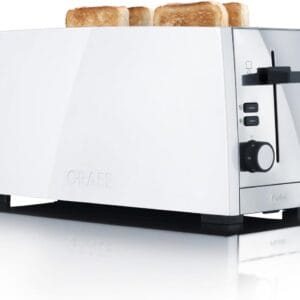 Graef 4 Slice White Toaster, Cool to Touch Heat Insulated Housing, Warming Rack, Bun Attachment, Cable Rewind, Extra Lift for Toast Removal, Defrost & Stop Button. T0101