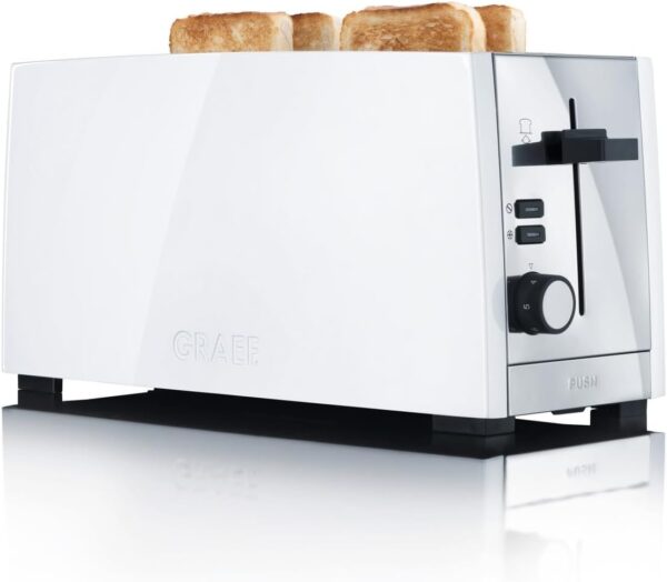 Graef 4 Slice White Toaster, Cool to Touch Heat Insulated Housing, Warming Rack, Bun Attachment, Cable Rewind, Extra Lift for Toast Removal, Defrost & Stop Button. T0101