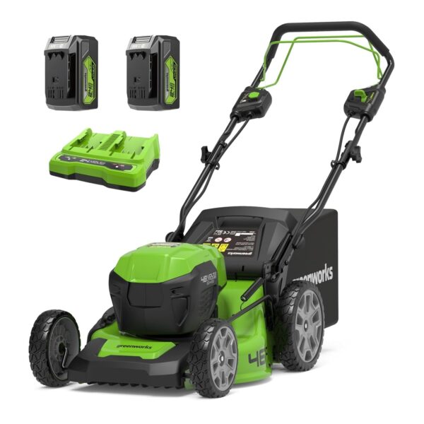 Greenworks 48V (2x24V) Self Propelled Cordless Lawnmower for Large Lawns up to 480m2, 46cm Cutting Width, 55LBag PLUS Two 4Ah Batteries and Twin Charger, 3 Year Guarantee...