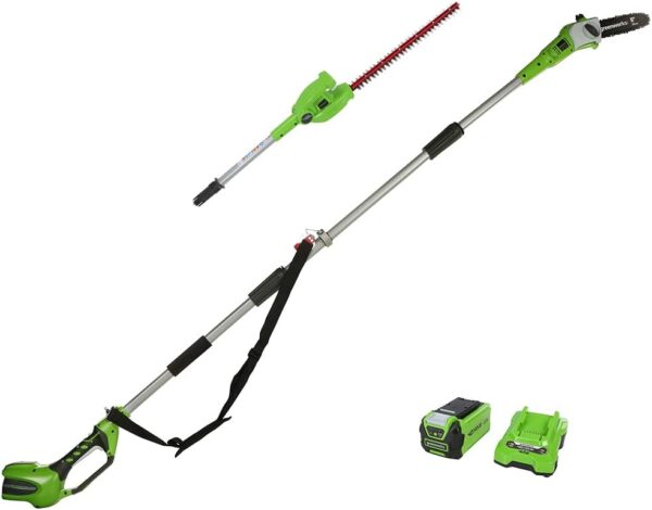 Greenworks Cordless 2-in-1 Pole Saw and Pole Hedge Trimmer with Shoulder Strap, Pole Saw 20cm Bar, Trimmer 51cm Dual Action Blades, WITH 40V Battery and Charger G40PSH