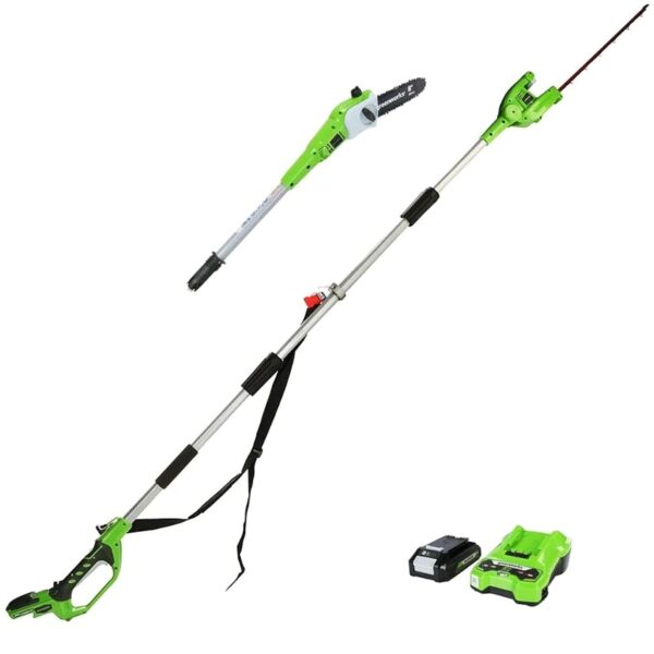 Greenworks G24PSHK2 Cordless 2-in-1 Pole Saw and Pole, Pole Saw 20cm Bar, Pole Hedge Trimmer with Shoulder Strap 51cm Dual Action Blades, 24V 2Ah Battery & Charger, 3 Year...