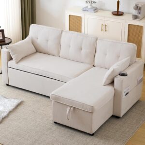 Gxffipw 3 Seater Sofa Bed with Internal Storage, Convertible Corner Sofa Bed with Cup Holders, Pillows and Storage Pocket (Beige)