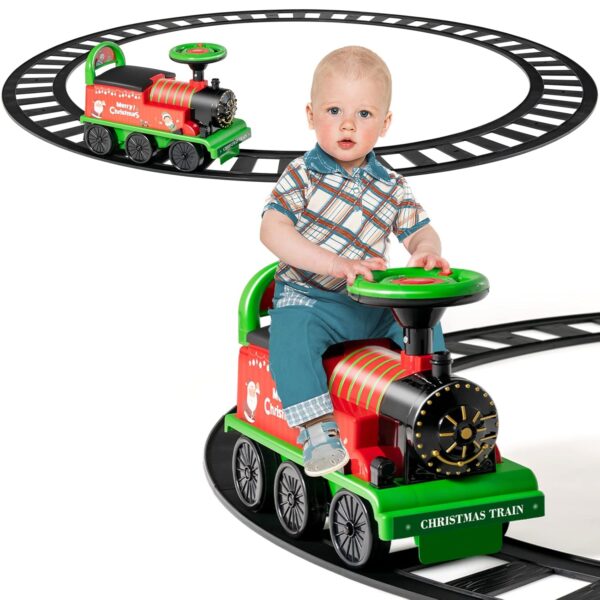 GYMAX Ride On Train with Tracks, 6V Kids Electric Car with Storage Seat, Music & Lights, Toddler Battery Powered Ride On Toy for 18 Months Old+ Boys Girls (Green)