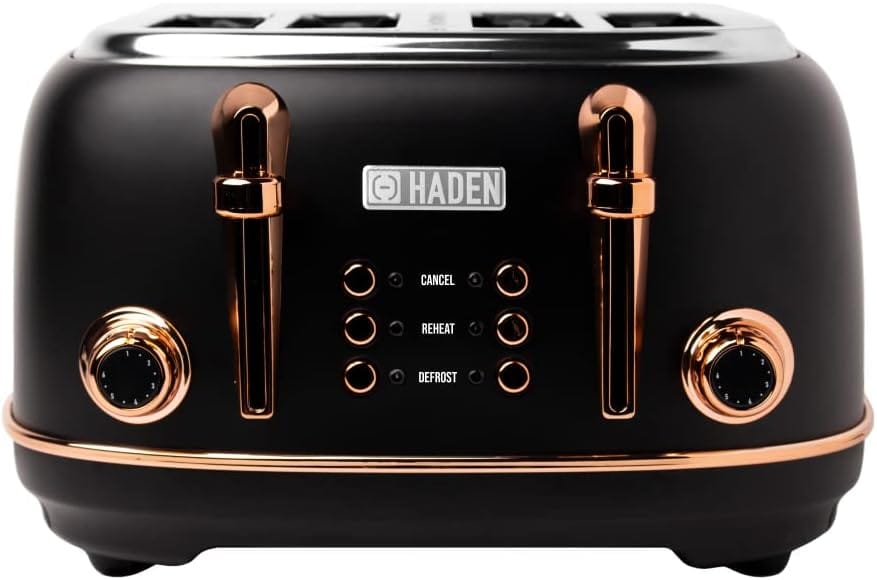 Haden Heritage Black Toaster 4 Slice - Adjustable Browning Control, Reheat and Defrost Functions 4 Slice Toaster - Stainless Steel Toaster 4 Slice - Self-centring Function -...