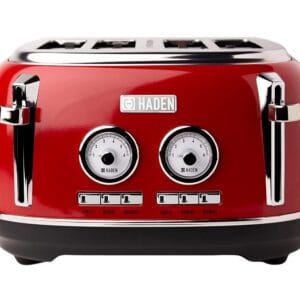 Haden Jersey Red Toaster 4 Slice - Retro Stainless Steel Design with Reheat, Defrost, Self-Centering Functions, Customizable Browning Control - 1370-1630W, 220-240V - Elegant...