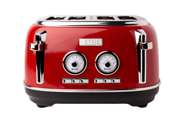 Haden Jersey Red Toaster 4 Slice - Retro Stainless Steel Design with Reheat, Defrost, Self-Centering Functions, Customizable Browning Control - 1370-1630W, 220-240V - Elegant...