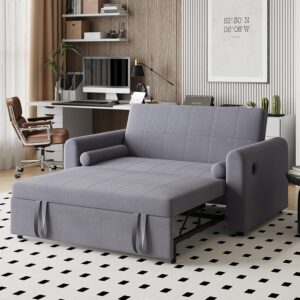 Hadibio 2 Seater Sofa Bed, 3 in 1 Convertible Sleeper Bed with USB & Type-C Ports, Pull Out Double Sofa Bed with Adjustable Backrest, Full Size Fabric Couch Bed for Living...