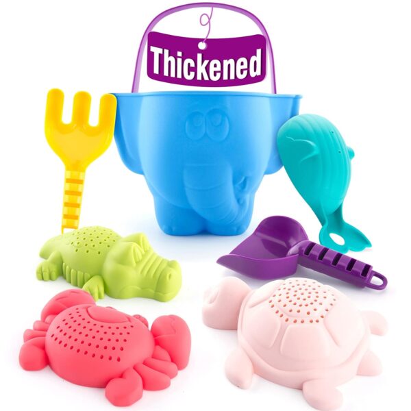 hahaland 7PCS Beach Sand Toys for Toddlers Age 1-5, Bucket and Spade Set with Animal Molds, Thickened Sand Toys for Kids, Sandbox, Sand Pit & Outdoor Summer Water Play Toys for...