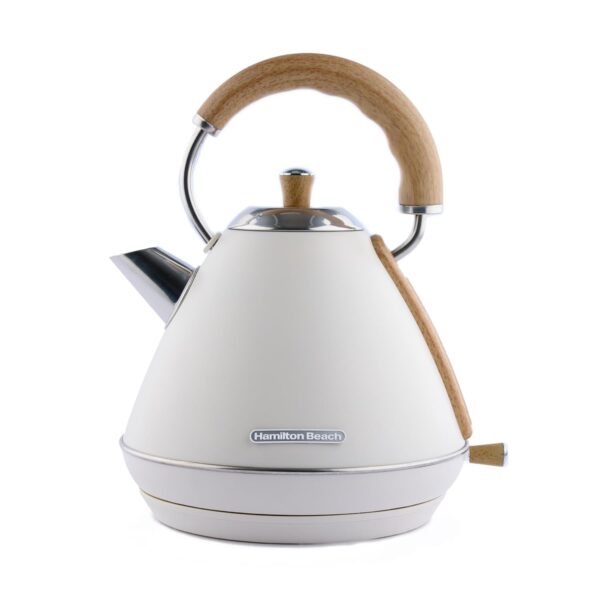 Hamilton Beach Electric Kettle, Scandi 1.7L, Pyramid, Boil Dry Protection, Auto Shut Off, Water Level Window, Stay Cool Handle, Ergonomic Grip, Matte Cream with Wood Effect -...