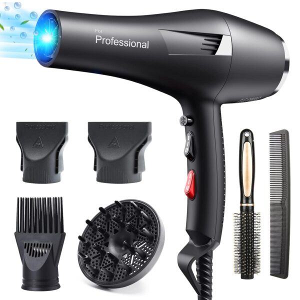 HappyGoo Hair Dryer Professional Ionic Hairdryer Fast Drying Salon with 2 Speed 3 Heat Setting, Cool Button, with Diffuser, Nozzle, Concentrator Comb for Women Man (Black)