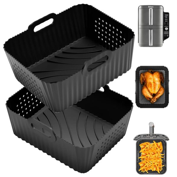 HAUXEL Silicone Air Fryer Liners for Ninja Double Stack Air Fryer XL SL400UK 9.5L, Compatible with COSORI Dual Air Fryer 8.5L, 2pcs Reusable Air Fryer Accessories, Black