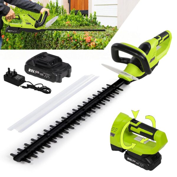 Hedge Trimmer Cordless, Hedge Cutter with 20V 2.0Ah Battery and Charger, 510mm Blade Length, 18.5 Tooth Opening, Electric Hedge Trimmer/Cutter with Rotating Handle, Lightweight