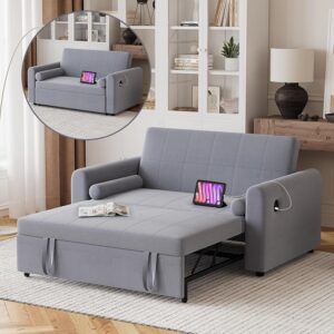 Hello-5ive 2 Seater Sofa Bed, 3 in 1 Convertible Corner Sofa Bed with USB & Type-C Ports, Pull Out Linen Double Sleeper Chair Bed with Pocket and Adjustable Backrest for Living...