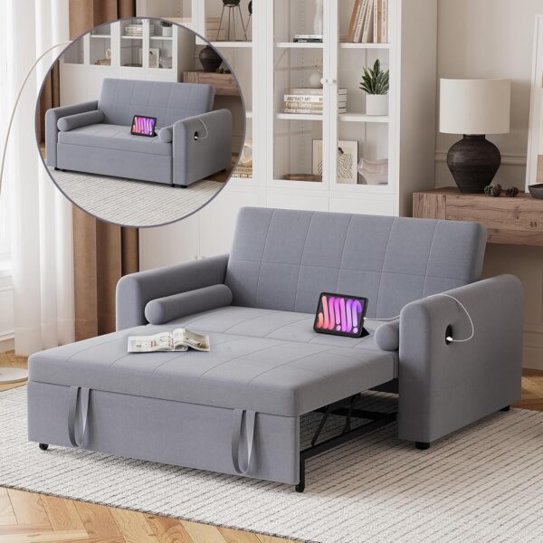 Hello-5ive 2 Seater Sofa Bed, 3 in 1 Convertible Corner Sofa Bed with USB & Type-C Ports, Pull Out Linen Double Sleeper Chair Bed with Pocket and Adjustable Backrest for Living...