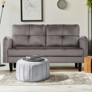 Hello-5ive 2 Seater Sofa, Modern Velvet Sofa Couch with Thicken Cushions, Comfy Loveseat Sofa for Living Room, Bedroom, Office, Apartment, Sofa 2 Seater Settee with 2 Pockets, Grey
