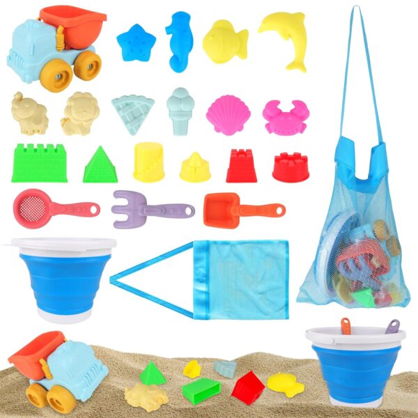 Hojalis Beach Sand Toys for Kids, Beach Toy Set, 22 Pcs Sand Pit Toys with Collapsible Buckets and Spade, Dump Truck, Castle Sea Animals Molds & Mesh Bag, Summer Indoor Outdoor...