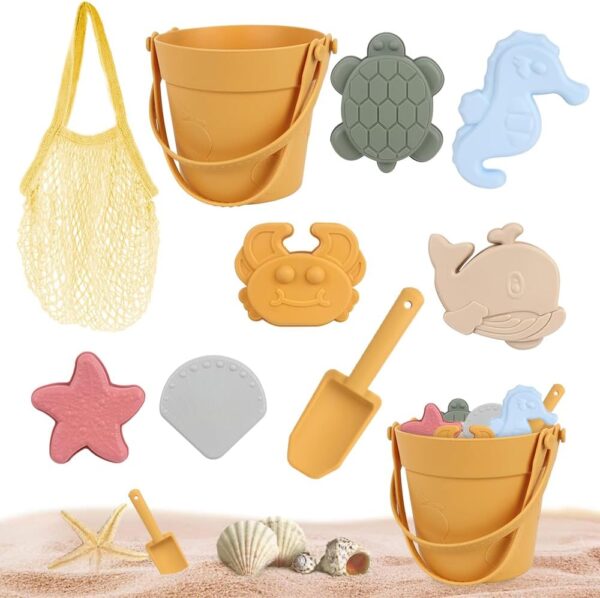 Hojalis Beach Toys Set for Kids, 9Pcs Soft Silicone Material Sand Pit Toys with Beach Bucket and Shovel Set, 6 Sea Animal Molds, Portable Beach Bag, Outdoor Fun Sand Tools for...