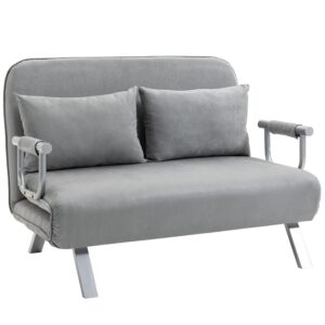 HOMCOM 2 Seater Sofa Bed, Click Clack Convertible Bed Settee, Modern Velvet Feel Fabric Sofa with 2 Cushions for Living Room, Bedroom, Guest Room, Light Grey