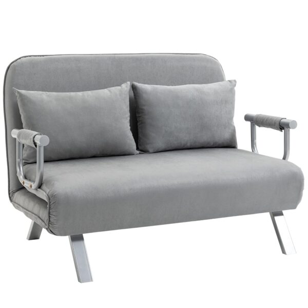 HOMCOM 2 Seater Sofa Bed, Click Clack Convertible Bed Settee, Modern Velvet Feel Fabric Sofa with 2 Cushions for Living Room, Bedroom, Guest Room, Light Grey